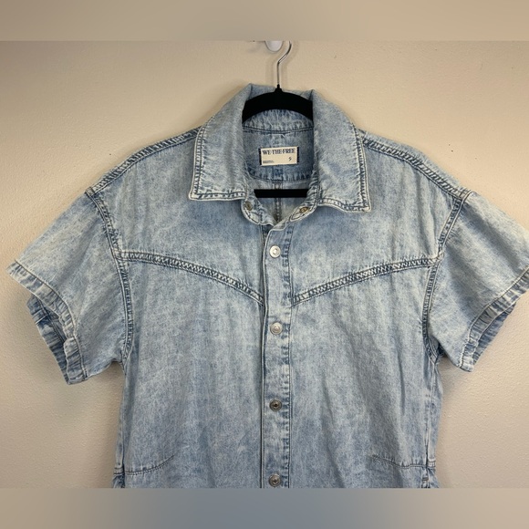 Free People We The Free Womens S Denim Romper Cotton Pockets Snap Buttons Boho - Picture 4 of 14